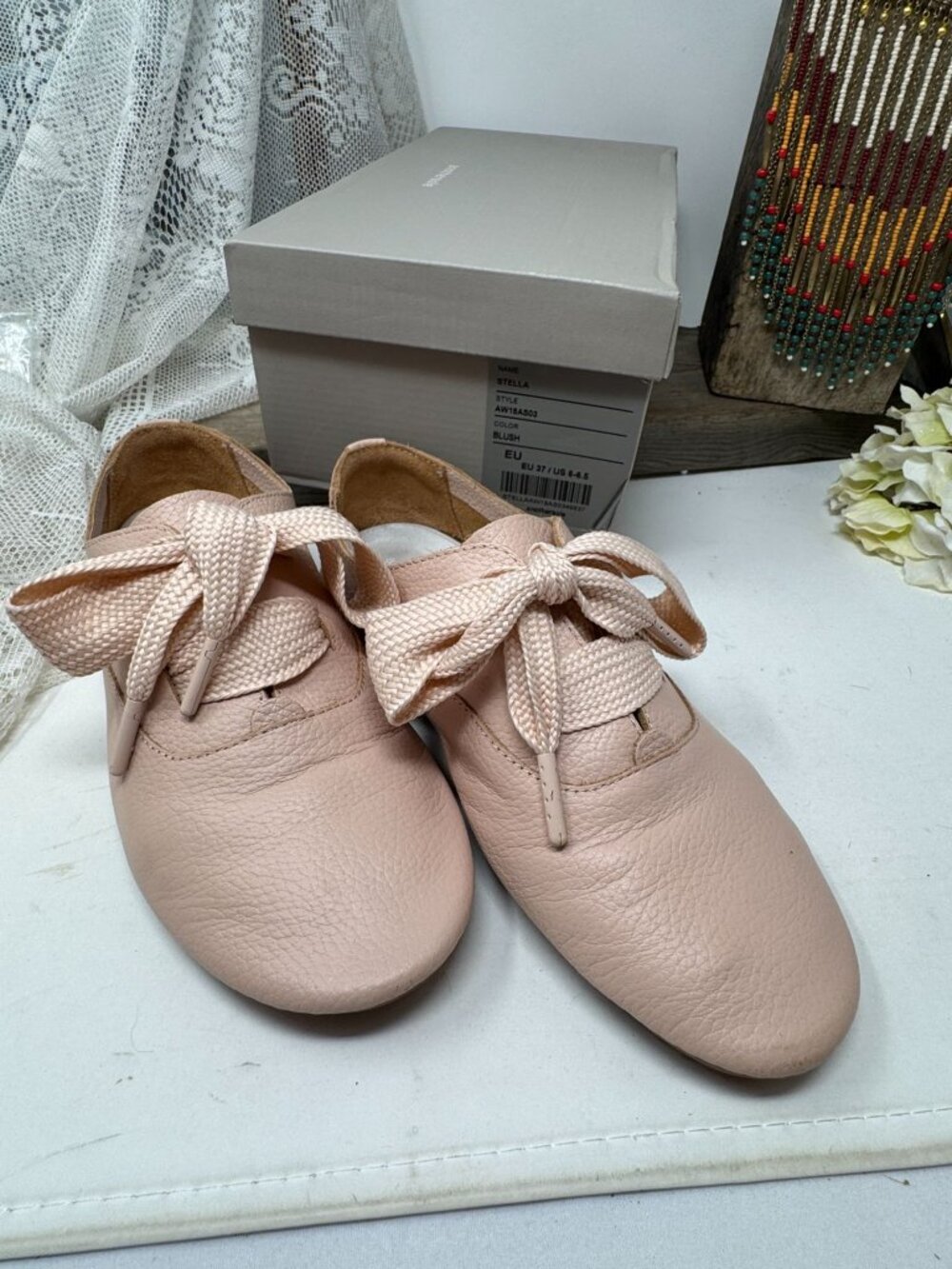 Anothersole Leather Womans Shoes Blush Romantic Ties Size 6